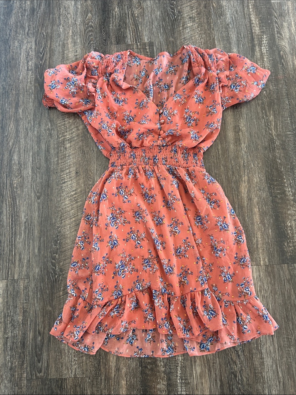 B. Smart Coral-Pink Dress with Blue Floral Print and Gold Threads